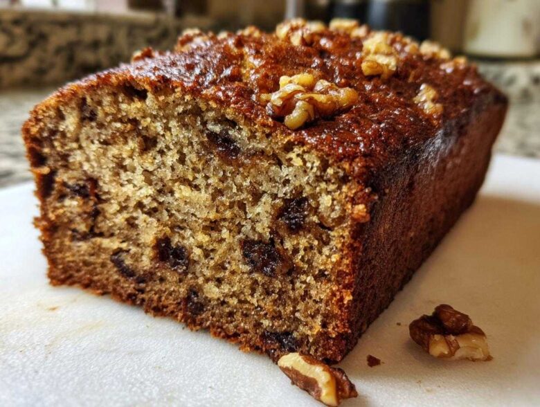 Close-up of a moist slice of date nut bread showing the texture, dates, and walnuts on top.