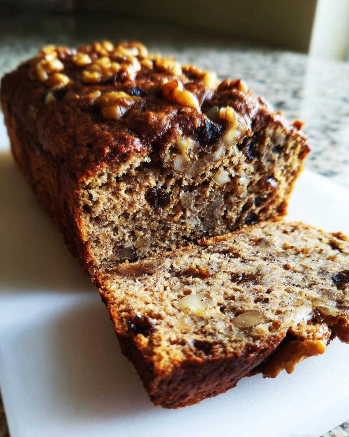 Close-up of a sliced loaf of moist date nut bread topped generously with walnuts.
