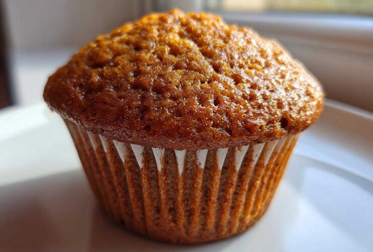 A close-up, featured image of a single, perfectly baked honey bran muffin with a dark, textured top.