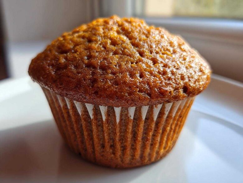 A close-up, featured image of a single, perfectly baked honey bran muffin with a dark, textured top.