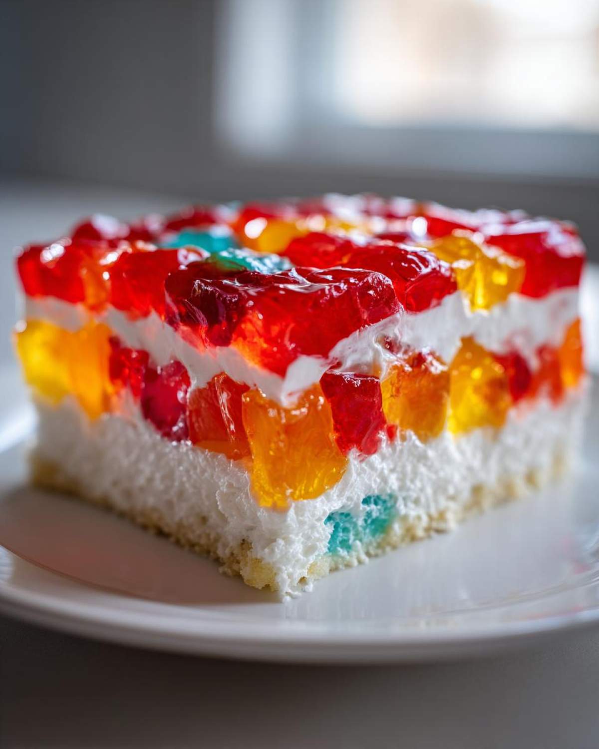 Close-up of a moist slice of jello poke cake showing layers of white frosting and colorful gelatin cubes.