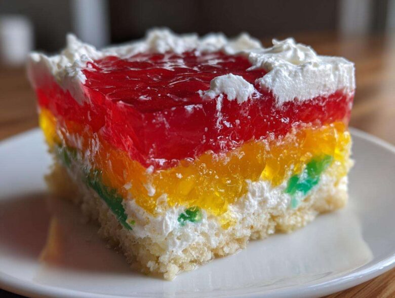 A close-up of a moist slice of jello poke cake featuring vibrant rainbow layers of gelatin over a white cake base, topped with whipped cream.
