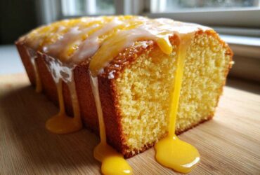 Close-up of a moist lemon pound cake loaf dripping with bright yellow and white glaze on a wooden board.