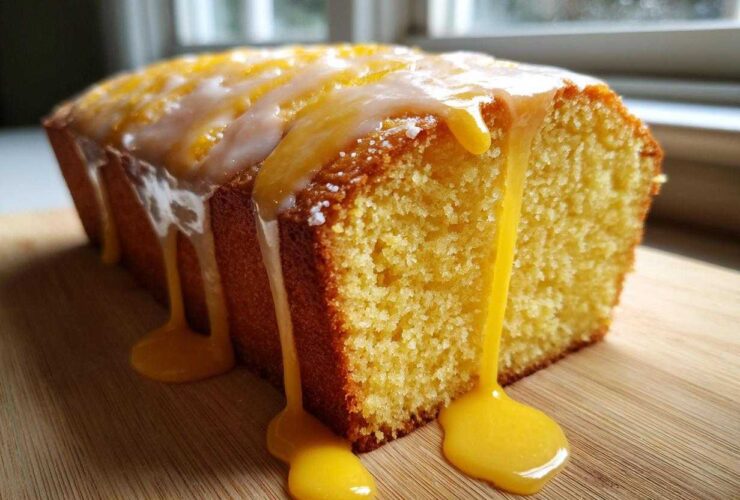 Close-up of a moist lemon pound cake loaf dripping with bright yellow and white glaze on a wooden board.