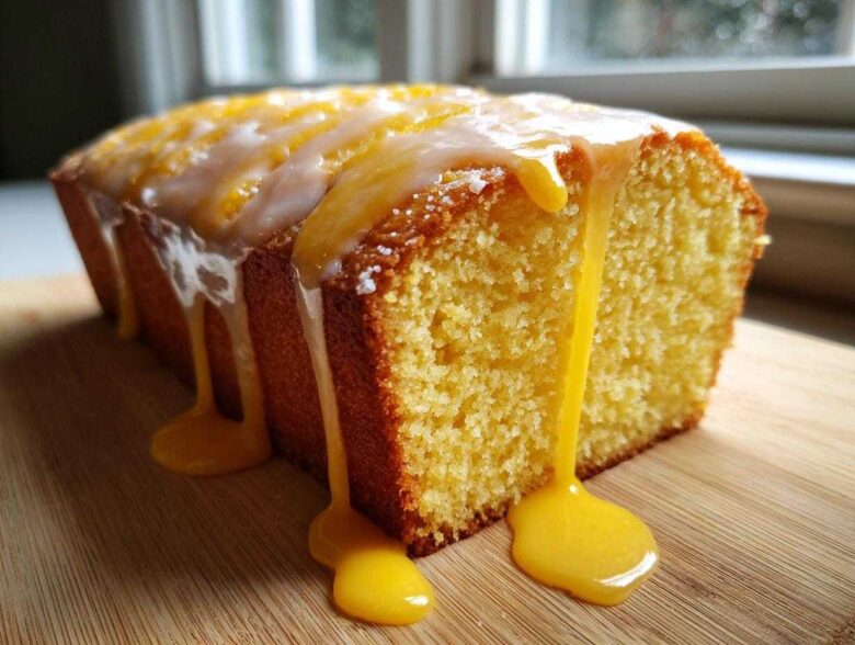 Close-up of a moist lemon pound cake loaf dripping with bright yellow and white glaze on a wooden board.
