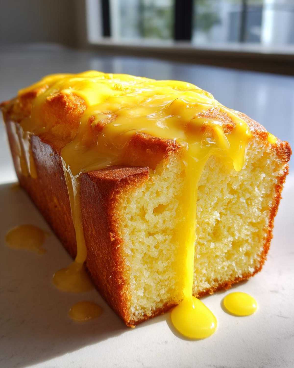 A loaf of moist lemon pound cake with a thick, bright yellow lemon glaze dripping down the side.
