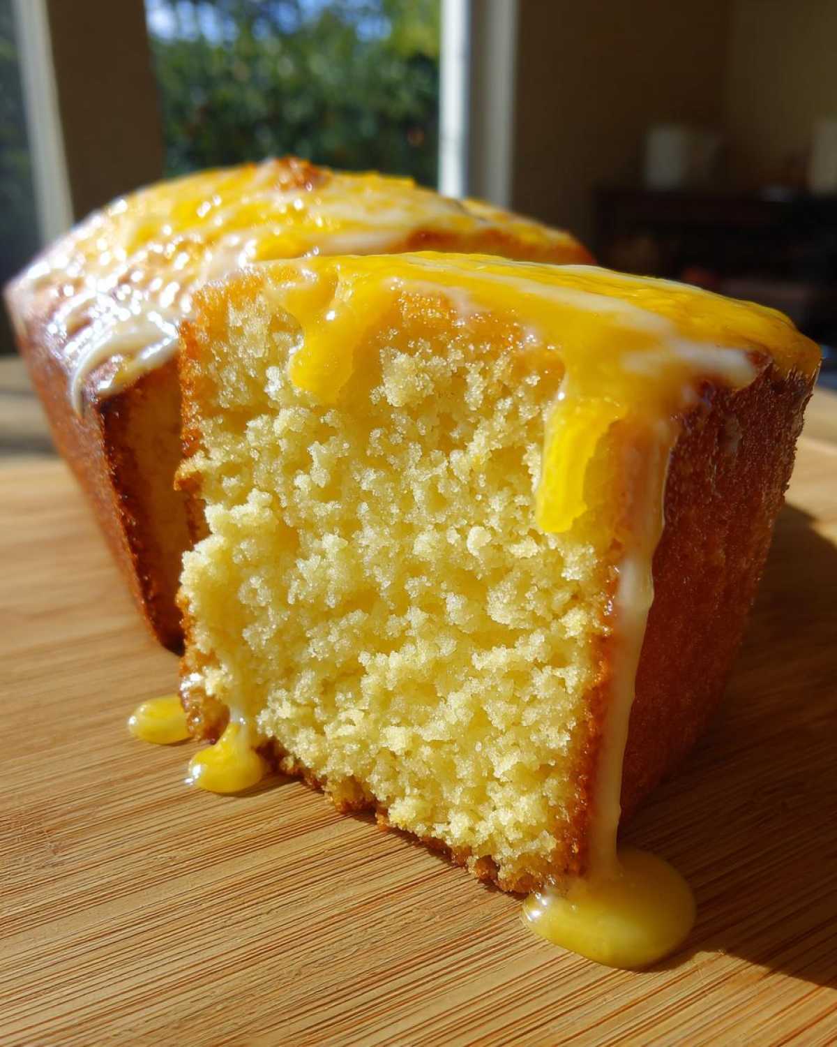 Close-up of a moist slice of lemon pound cake showing the crumb texture, drizzled with yellow lemon glaze.