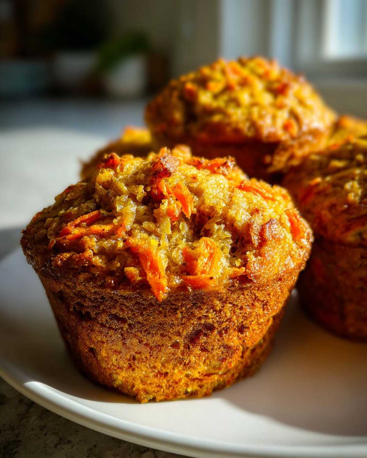 A close-up of a freshly baked morning glory muffin showing shredded carrots baked into the golden-brown top.