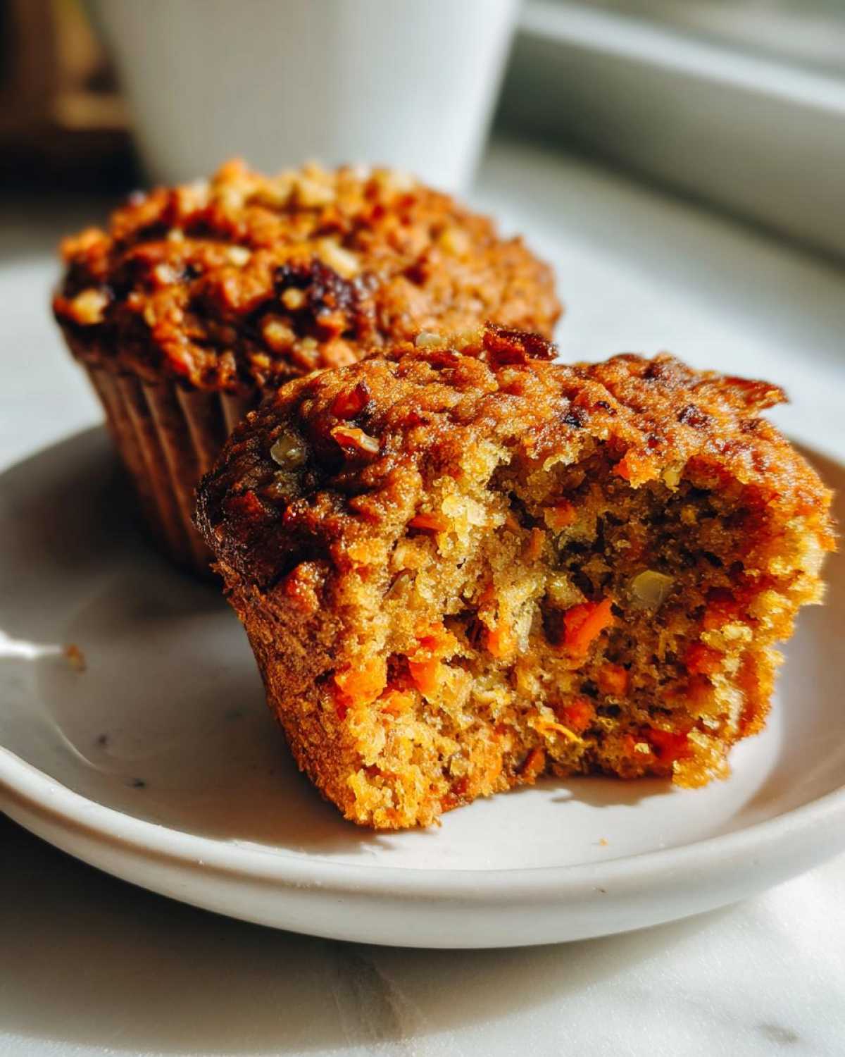 Close-up of two moist morning glory muffins on a white plate, one broken open to show carrots and nuts inside.