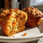 Close-up of a morning glory muffin cut in half showing moist texture and shredded carrots inside.