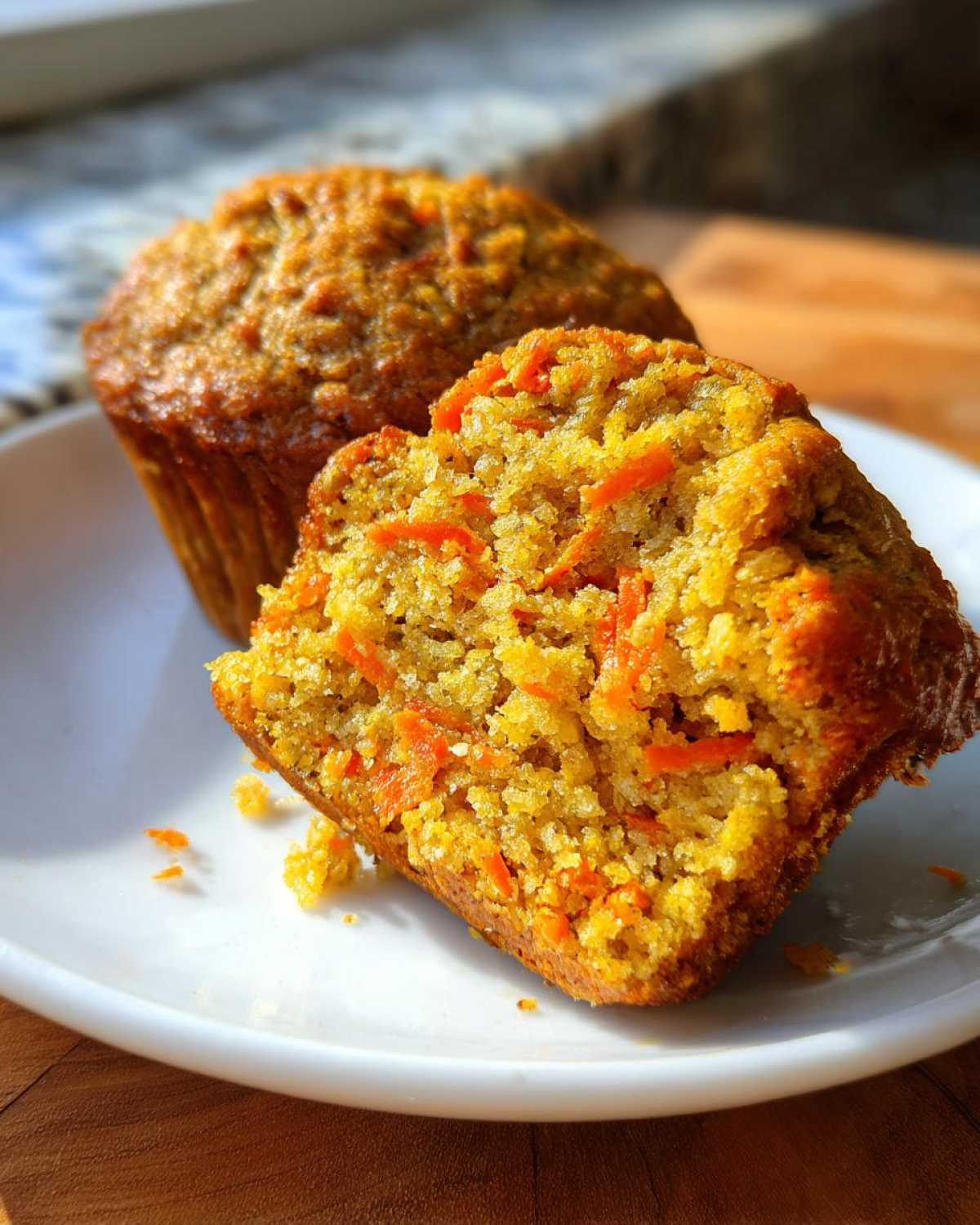 Close-up of a morning glory muffin broken in half showing the moist, carrot-filled interior.