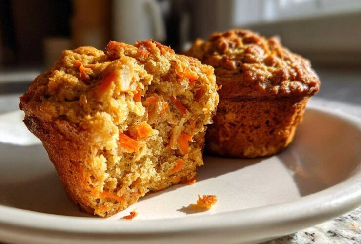 Close-up of a morning glory muffin cut in half showing moist texture and shredded carrots inside.