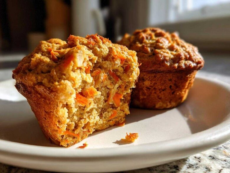 Close-up of a morning glory muffin cut in half showing moist texture and shredded carrots inside.