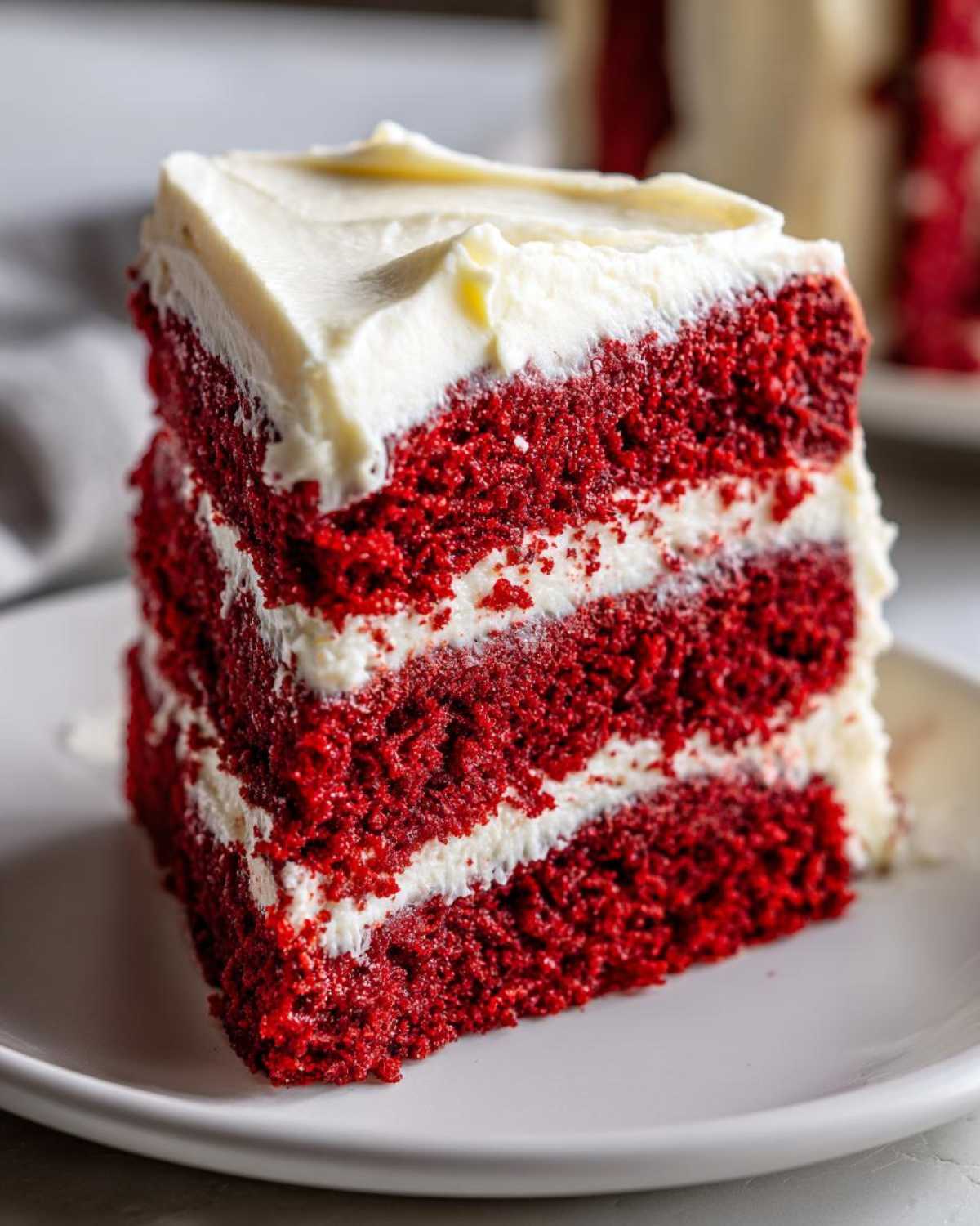 Close-up of a tall, three-layer slice of vibrant red velvet cake topped with thick cream cheese frosting.