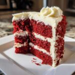 A perfect slice of moist red velvet cake showing three layers of deep red cake separated by thick white cream cheese frosting.