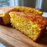 A close-up view of a thick slice of golden skillet cornbread showing its moist, crumbly texture on a wooden board.