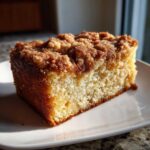 Close-up of a moist slice of sour cream coffee cake featuring a thick, cinnamon streusel topping.