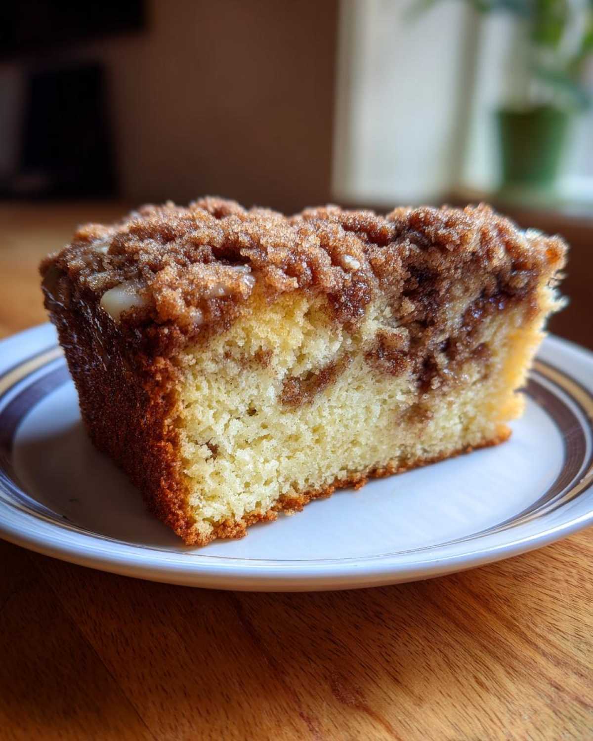 A close-up of a moist slice of sour cream coffee cake featuring a thick cinnamon streusel topping on a white plate.