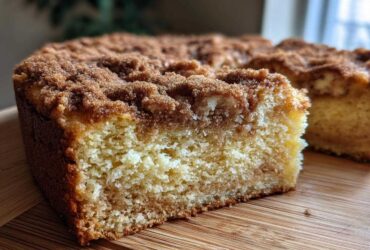 Close-up of a moist slice of sour cream coffee cake showing the tender crumb and thick cinnamon streusel topping.