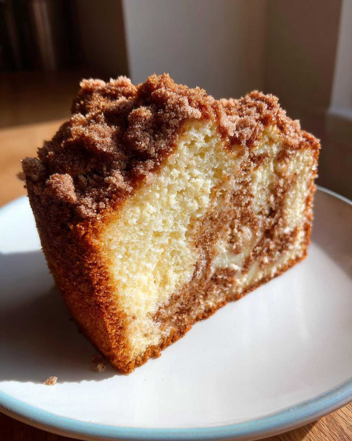A close-up of a moist slice of sour cream coffee cake featuring a marbled interior and thick cinnamon streusel topping.