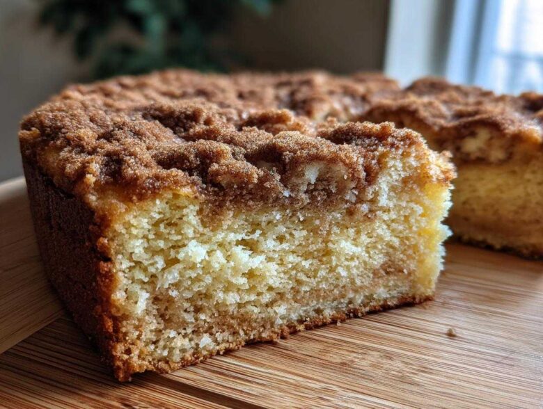 Close-up of a moist slice of sour cream coffee cake showing the tender crumb and thick cinnamon streusel topping.