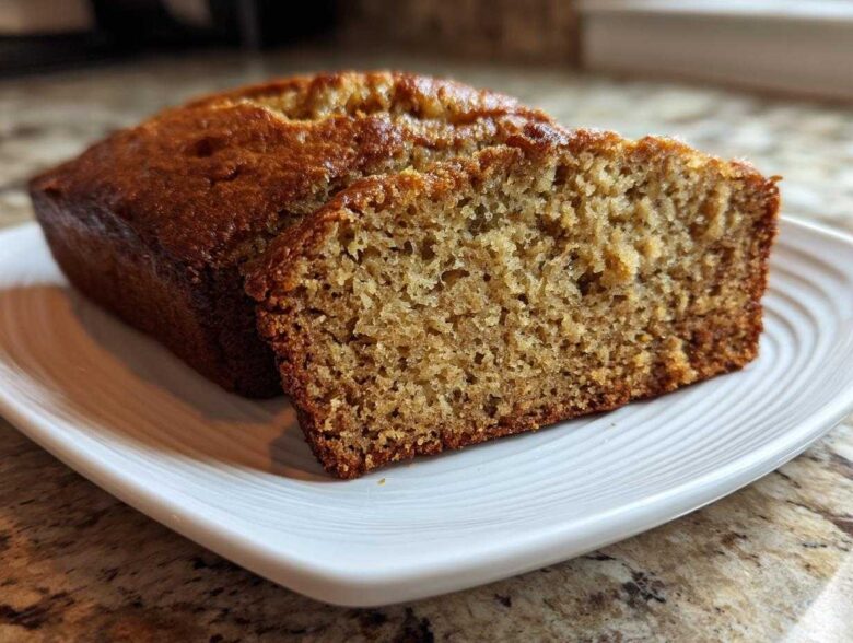 A close-up of a loaf of sugar free banana bread with one thick slice cut, showing the moist, textured crumb.