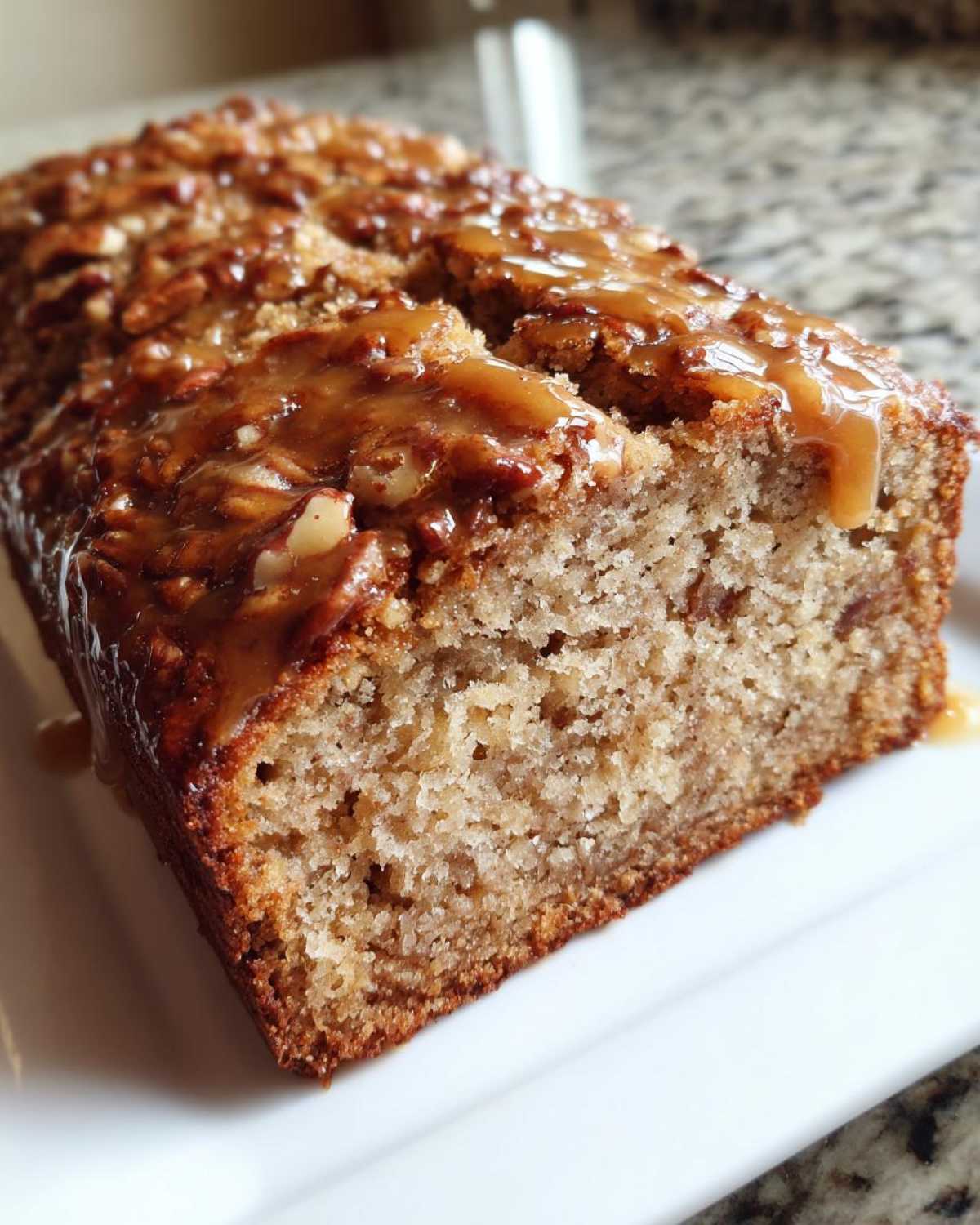 Close-up of a slice of moist sweet alabama pecan bread topped with a thick, glossy caramel glaze and pecans.