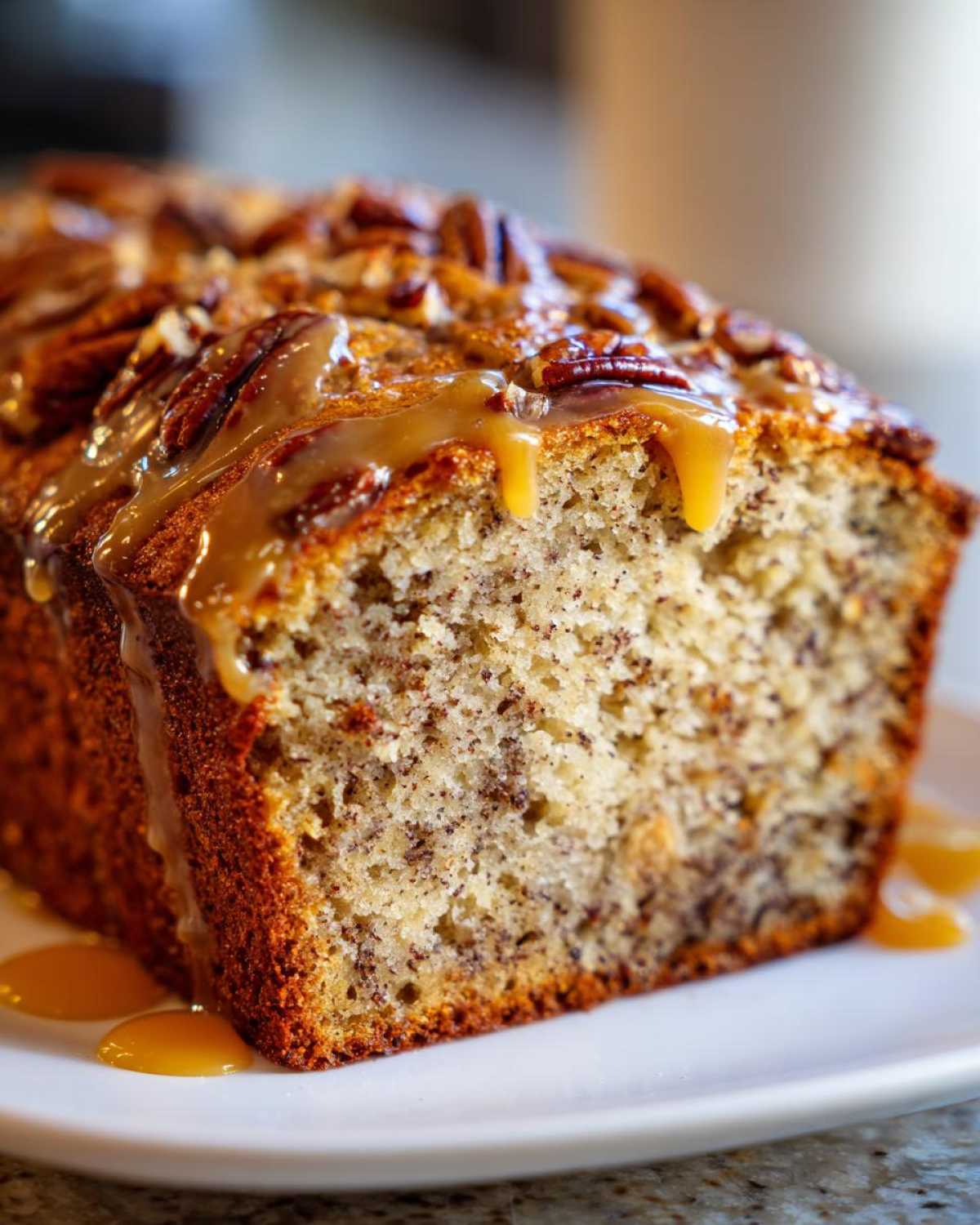 Close-up of moist sweet alabama pecan bread slice topped with pecans and dripping caramel sauce.