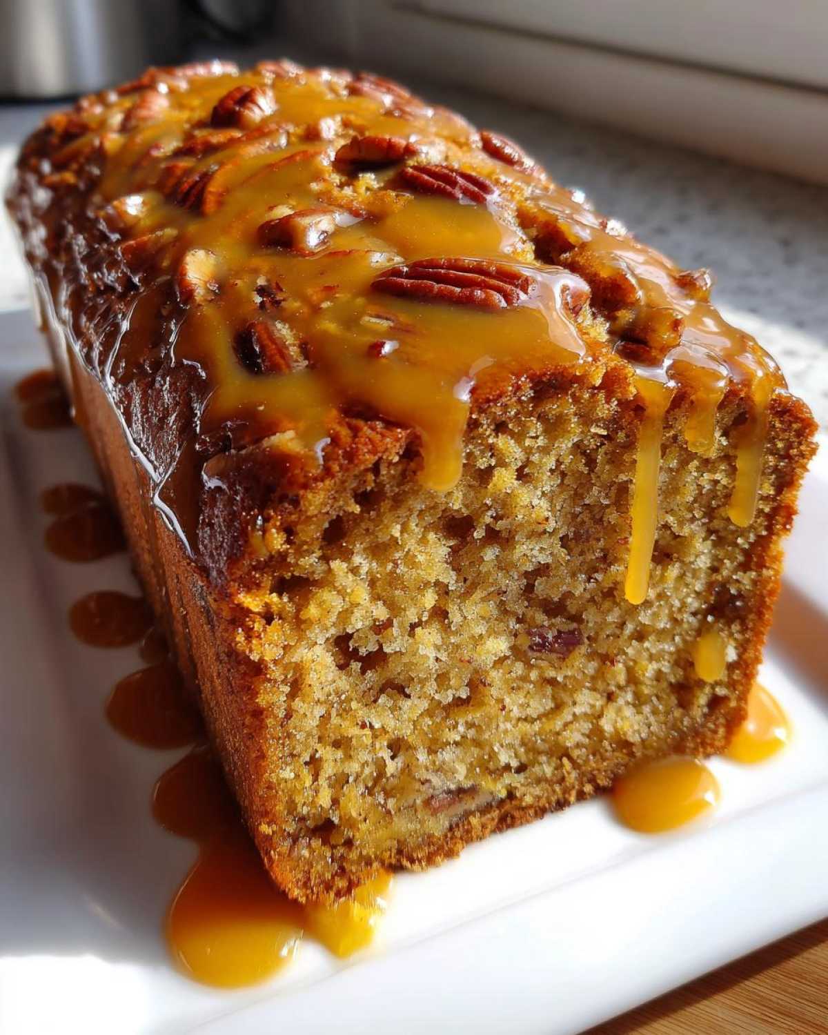 A loaf of moist sweet alabama pecan bread topped with pecans and dripping with thick caramel sauce.