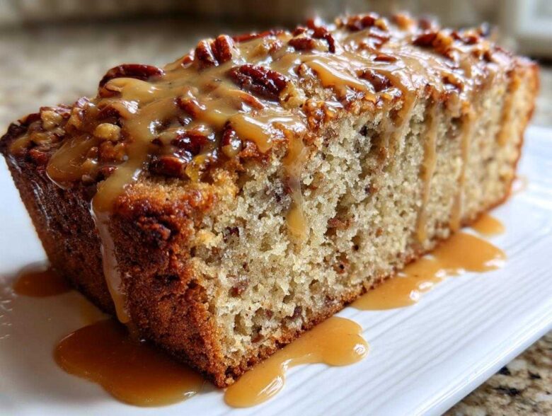 Close-up of a slice of moist sweet alabama pecan bread topped with a thick caramel glaze and pecans.