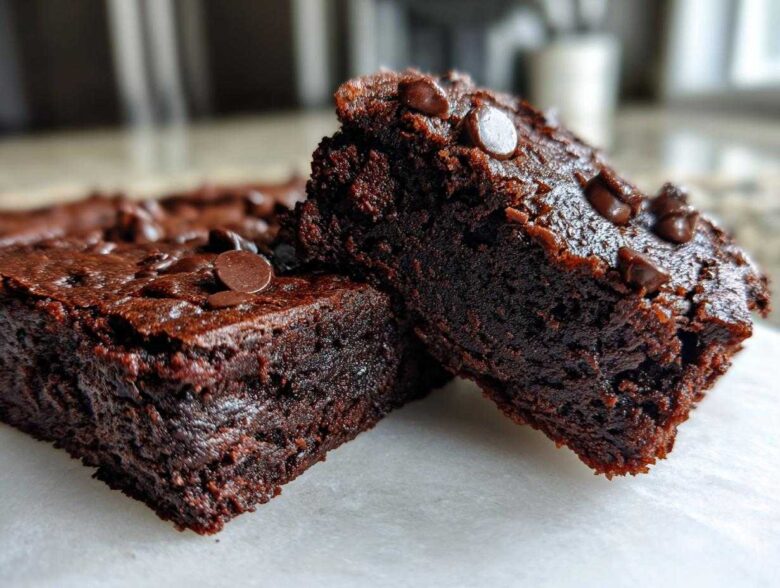 Close-up of two rich, fudgy sweet potato brownies topped with chocolate chips.