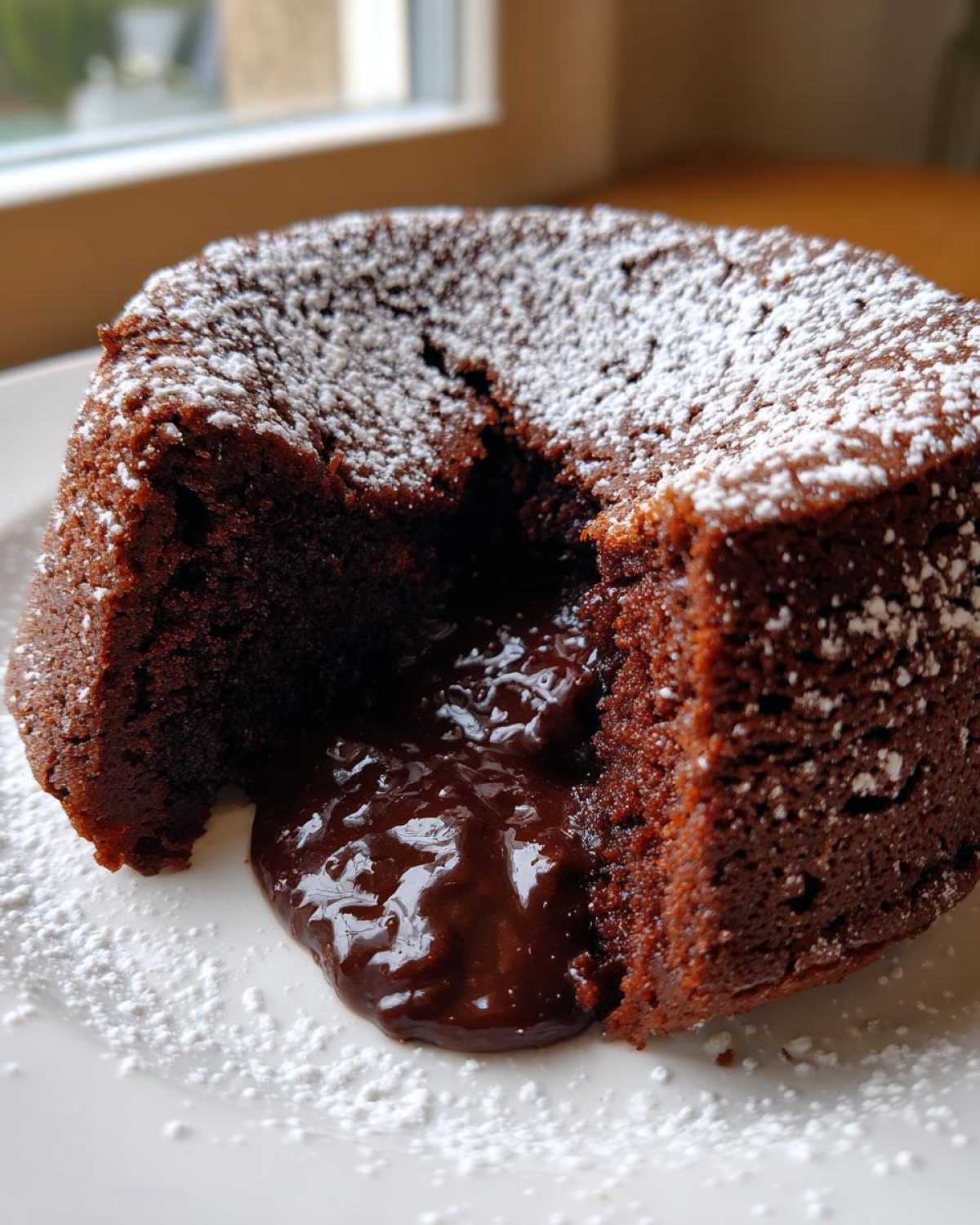 A rich, dark chocolate lava cake cut open to show the molten chocolate flowing onto a white plate, dusted with powdered sugar.