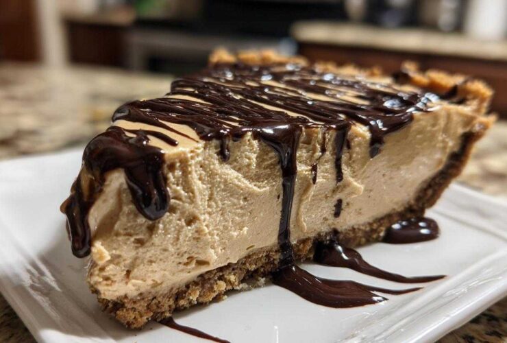 A thick slice of creamy no-bake peanut butter pie on a white plate, topped with rich chocolate syrup drizzle.
