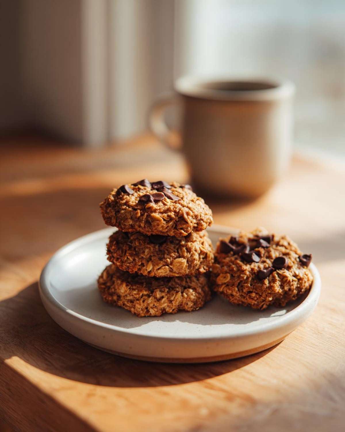 A stack of three oatmeal chocolate chip breakfast cookie next to one on a small white plate.