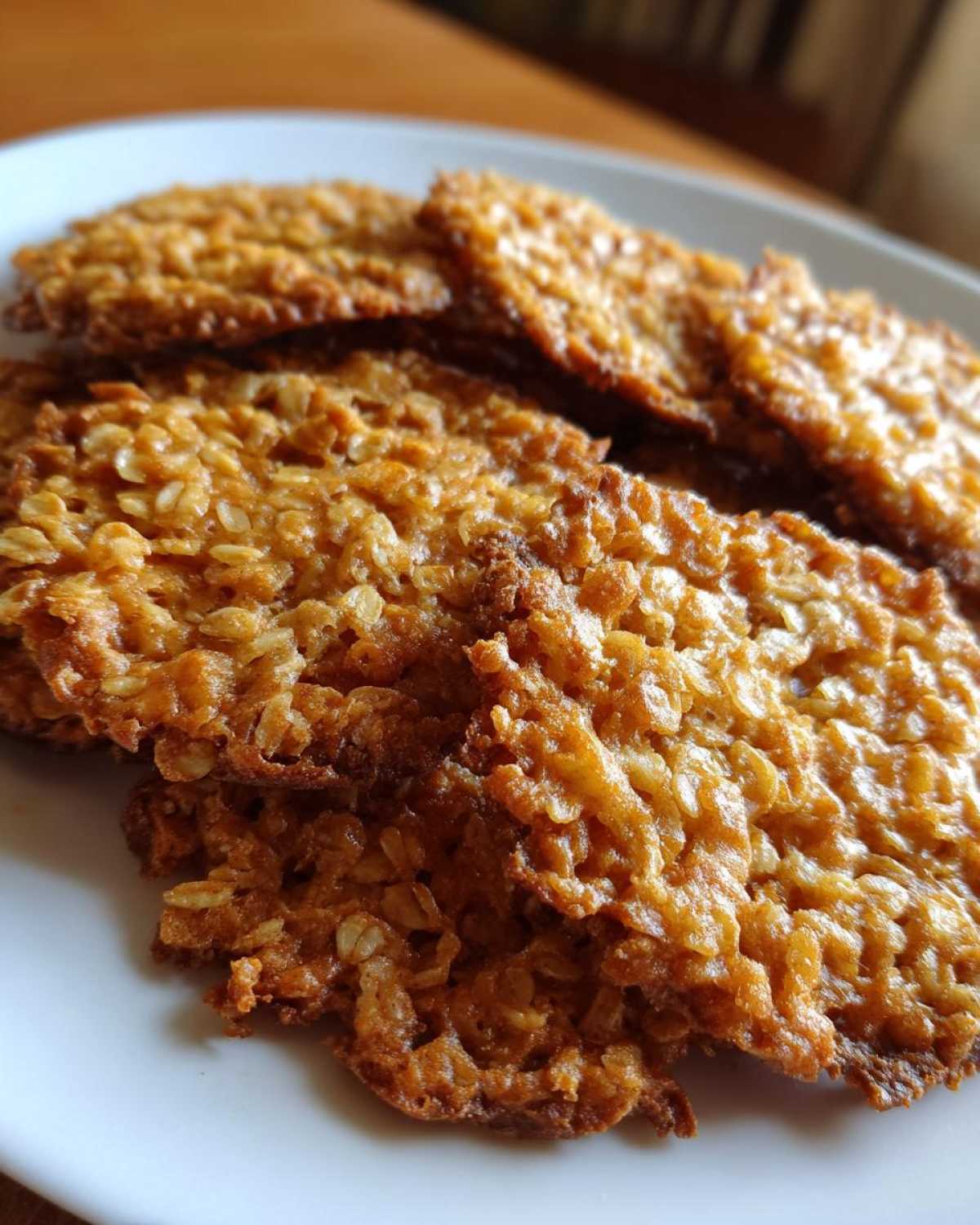 Close-up of several thin, golden brown oatmeal lace cookies stacked on a white plate.