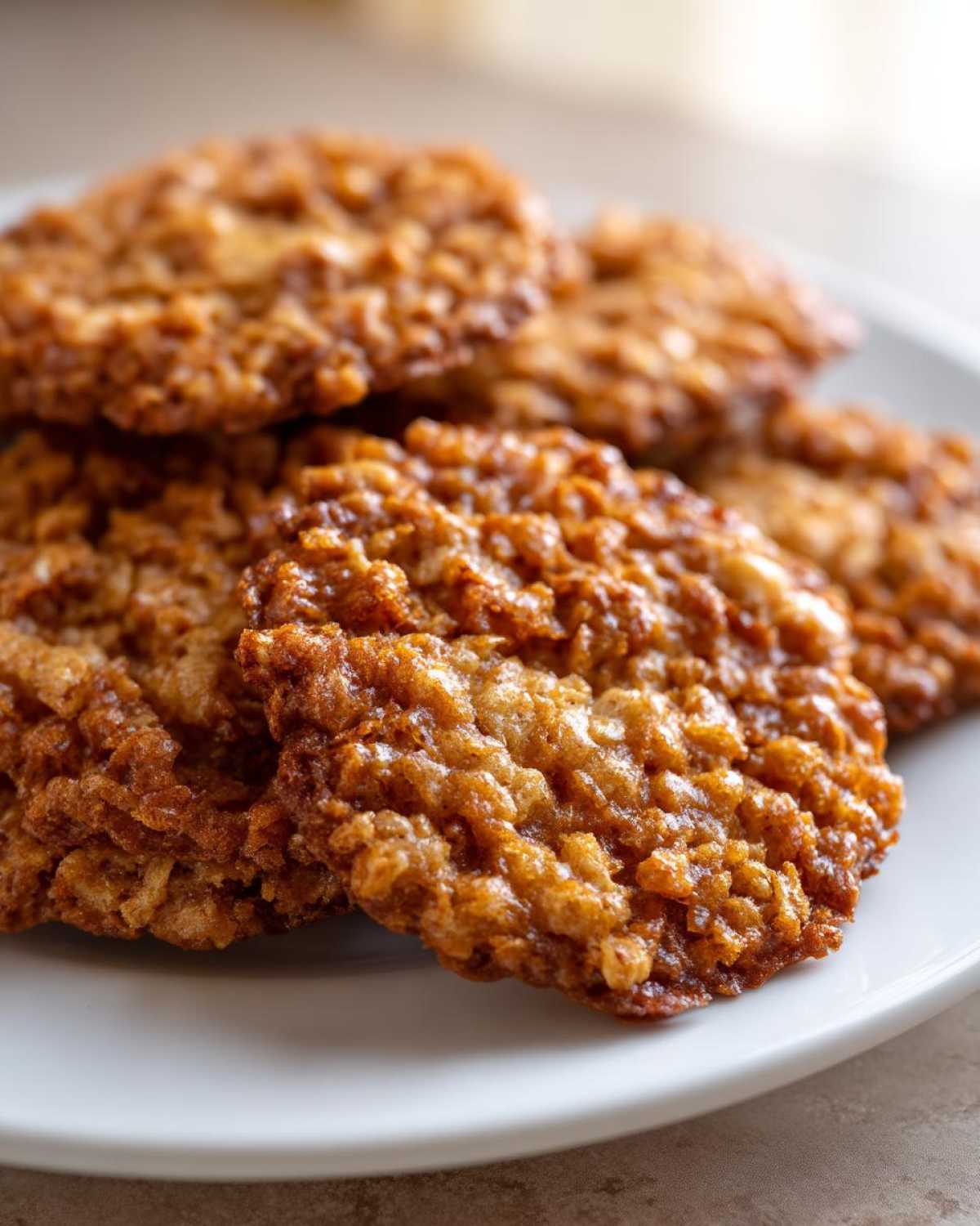 A close-up stack of golden brown, lacy, and crispy oatmeal lace cookies resting on a white plate.