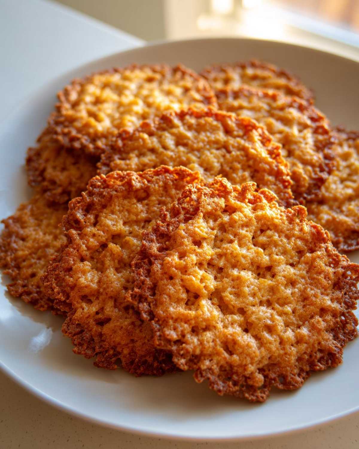 A stack of perfectly baked, thin, and crispy oatmeal lace cookies with lacy edges on a white plate.