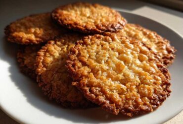 Close-up of several golden brown, lacy oatmeal lace cookies stacked on a white plate.