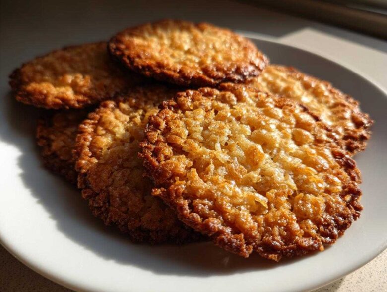 Close-up of several golden brown, lacy oatmeal lace cookies stacked on a white plate.