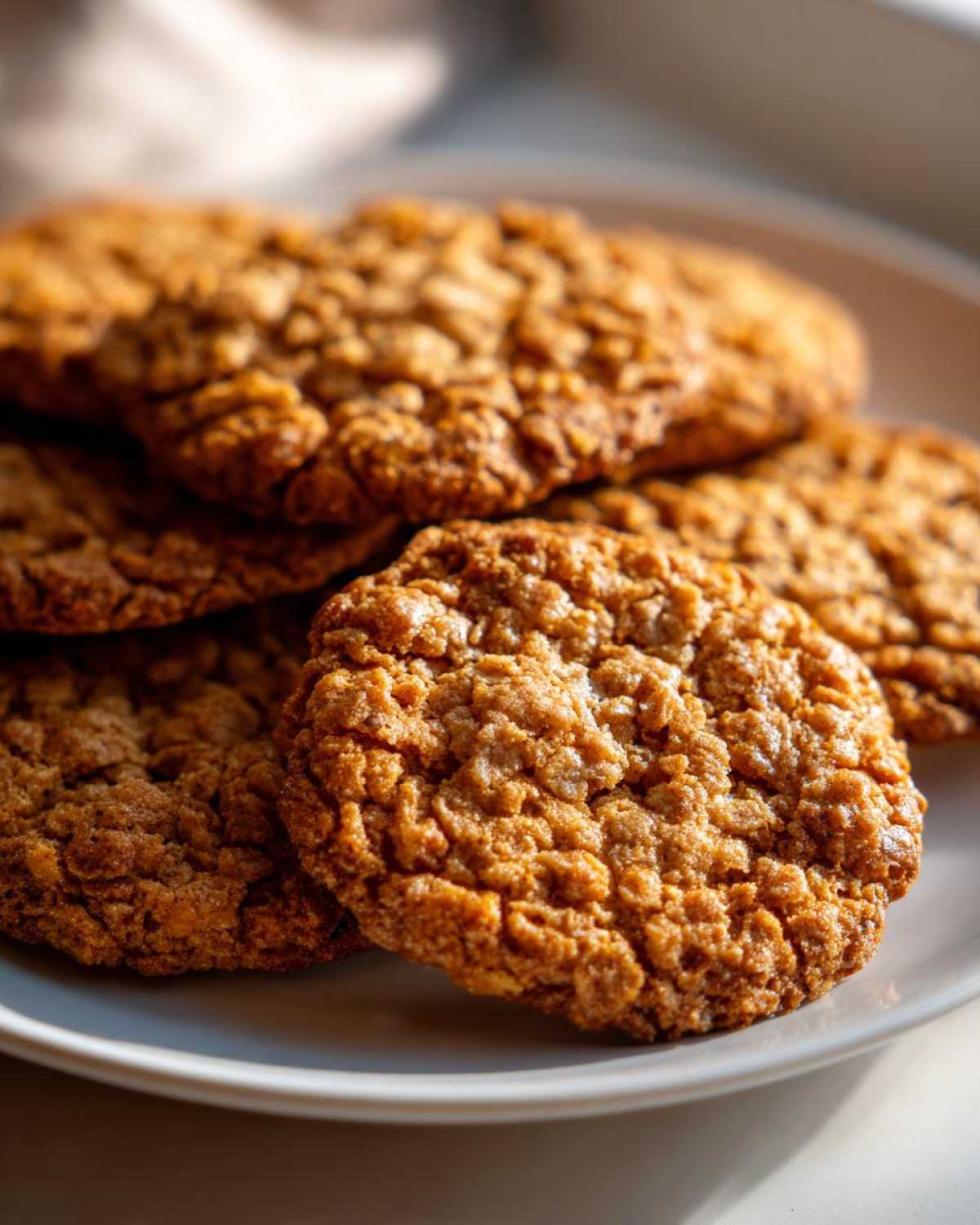 A stack of golden brown, textured oatmeal lace cookies resting on a light-colored plate.