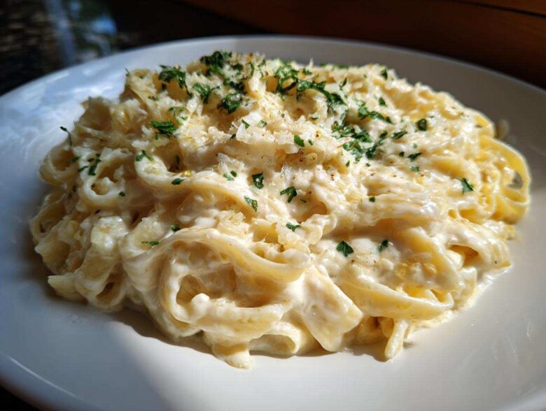 A close-up of fettuccine pasta coated in rich olive garden alfredo sauce, topped with parmesan and parsley.