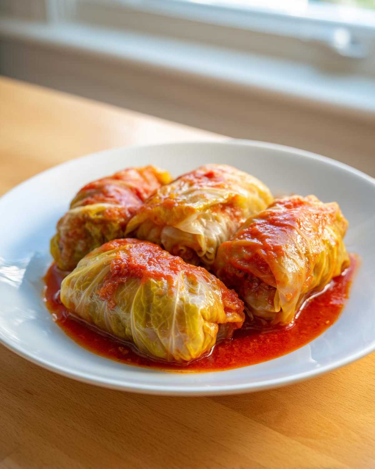 Four freshly made cabbage rolls covered in rich tomato sauce served on a white plate.