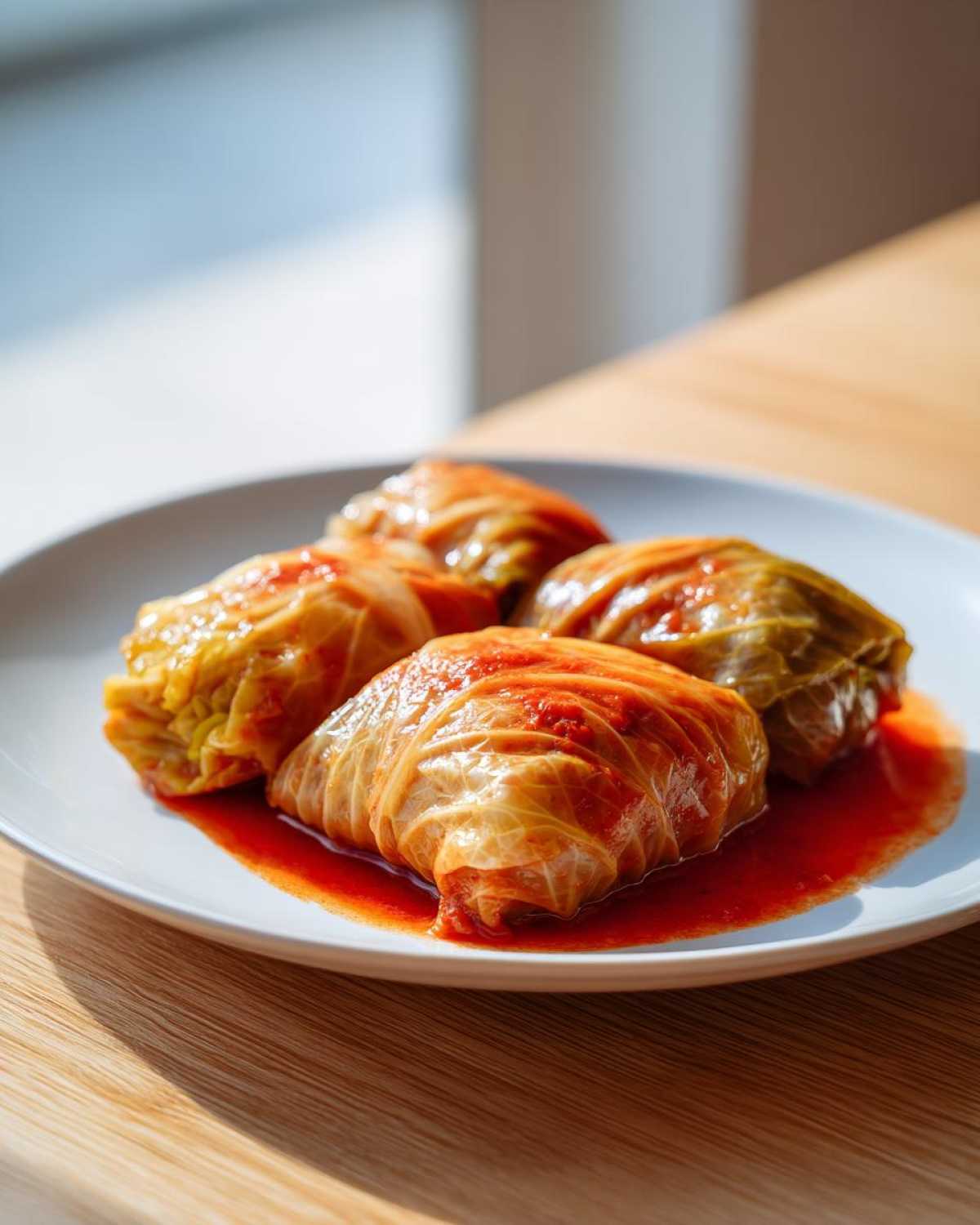 Four savory cabbage rolls served on a white plate, covered in rich red tomato sauce.