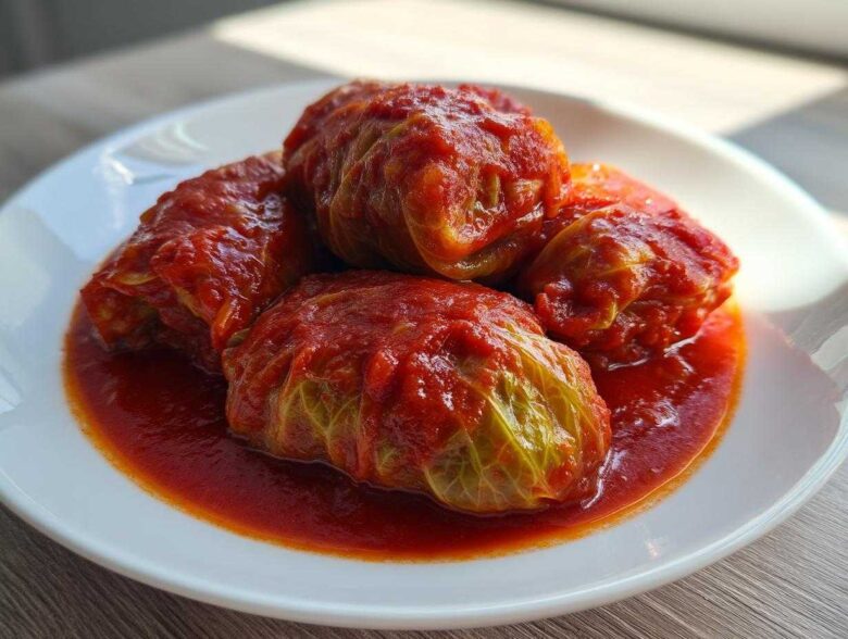Four savory cabbage rolls smothered in a vibrant red tomato sauce served on a white plate.