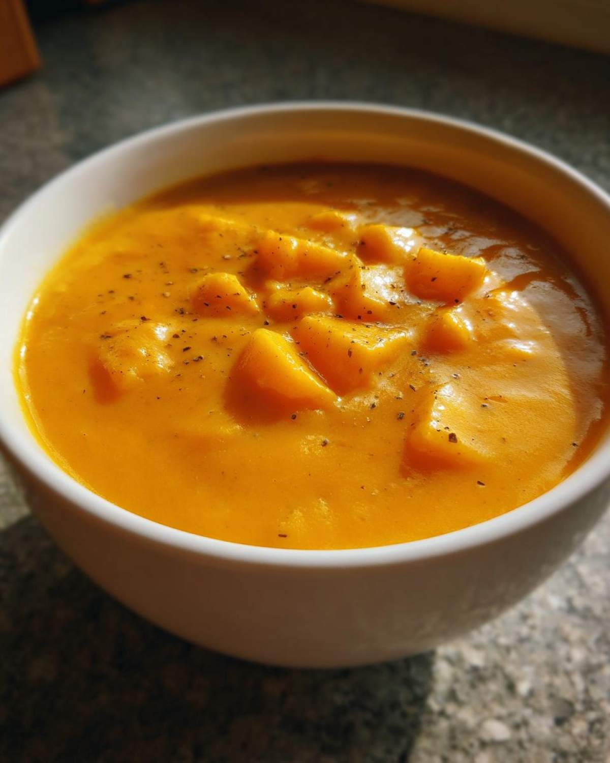Close-up of a rich, orange cheese soup topped with black pepper and chunks of vegetable or cheese.