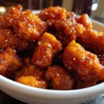Close-up of crispy pieces of orange chicken recipe coated in a thick, shiny orange glaze and sprinkled with sesame seeds.