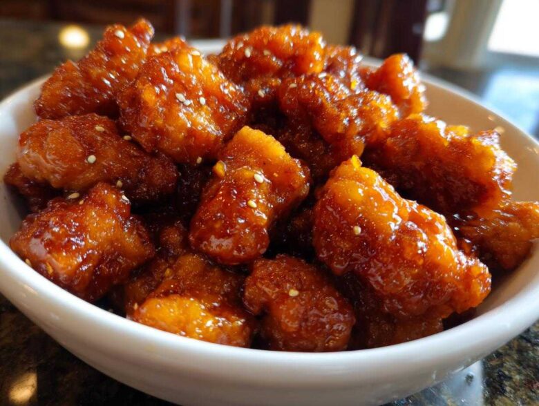 Close-up of crispy pieces of orange chicken recipe coated in a thick, shiny orange glaze and sprinkled with sesame seeds.