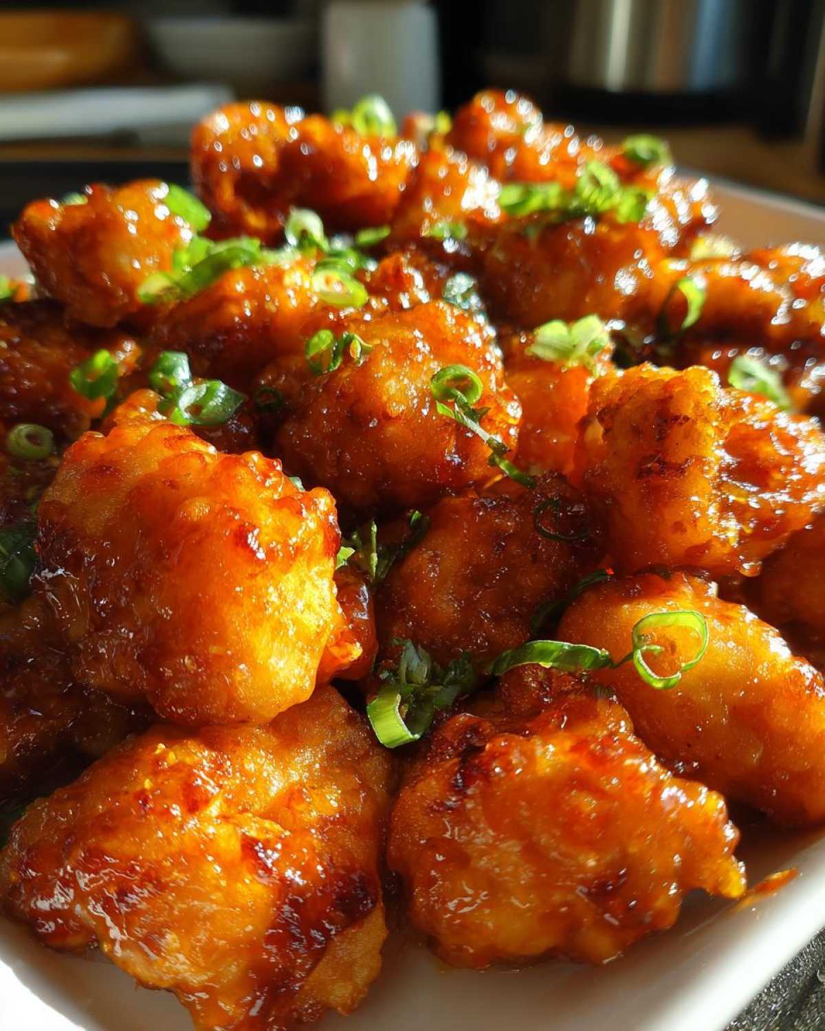 Close-up of crispy, glazed pieces of orange chicken recipe garnished with chopped green onions.