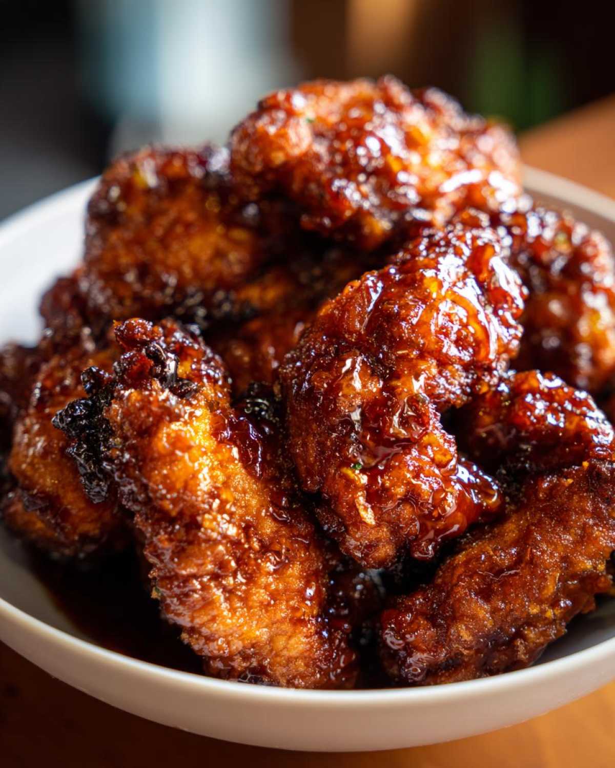 Close-up of crispy, deep-fried pieces of orange chicken coated in a thick, glossy orange glaze.