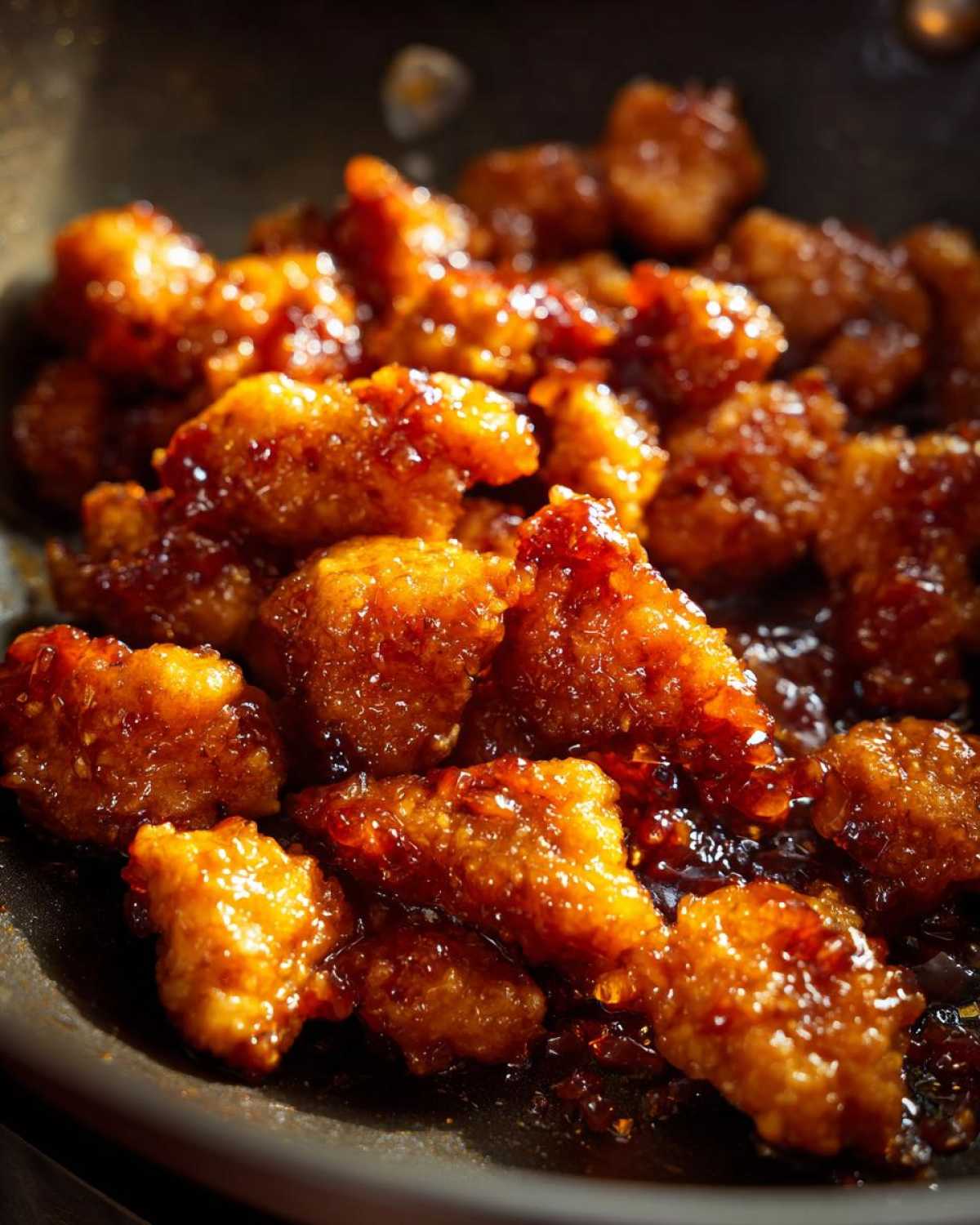 Close-up of crispy chicken pieces coated in a thick, glossy sauce for the orange chicken recipe.